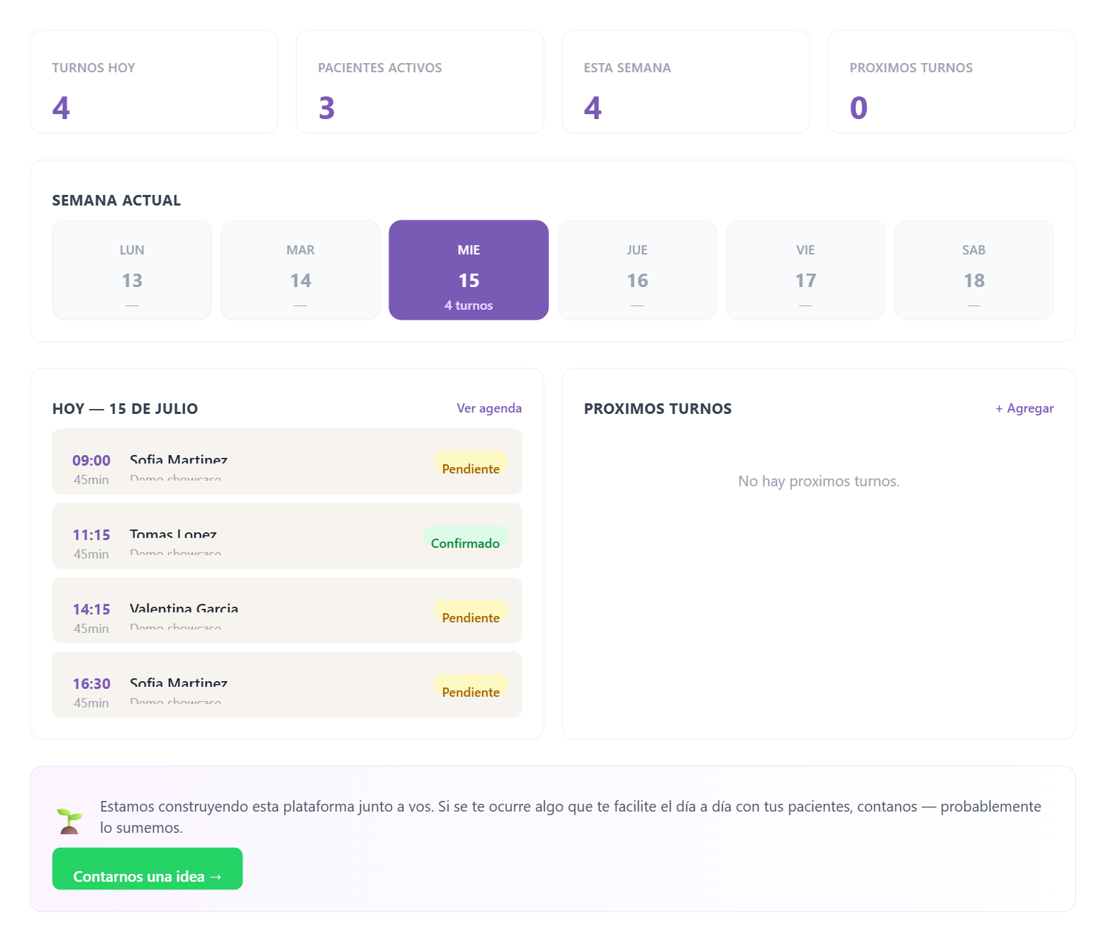 Panel principal del dashboard